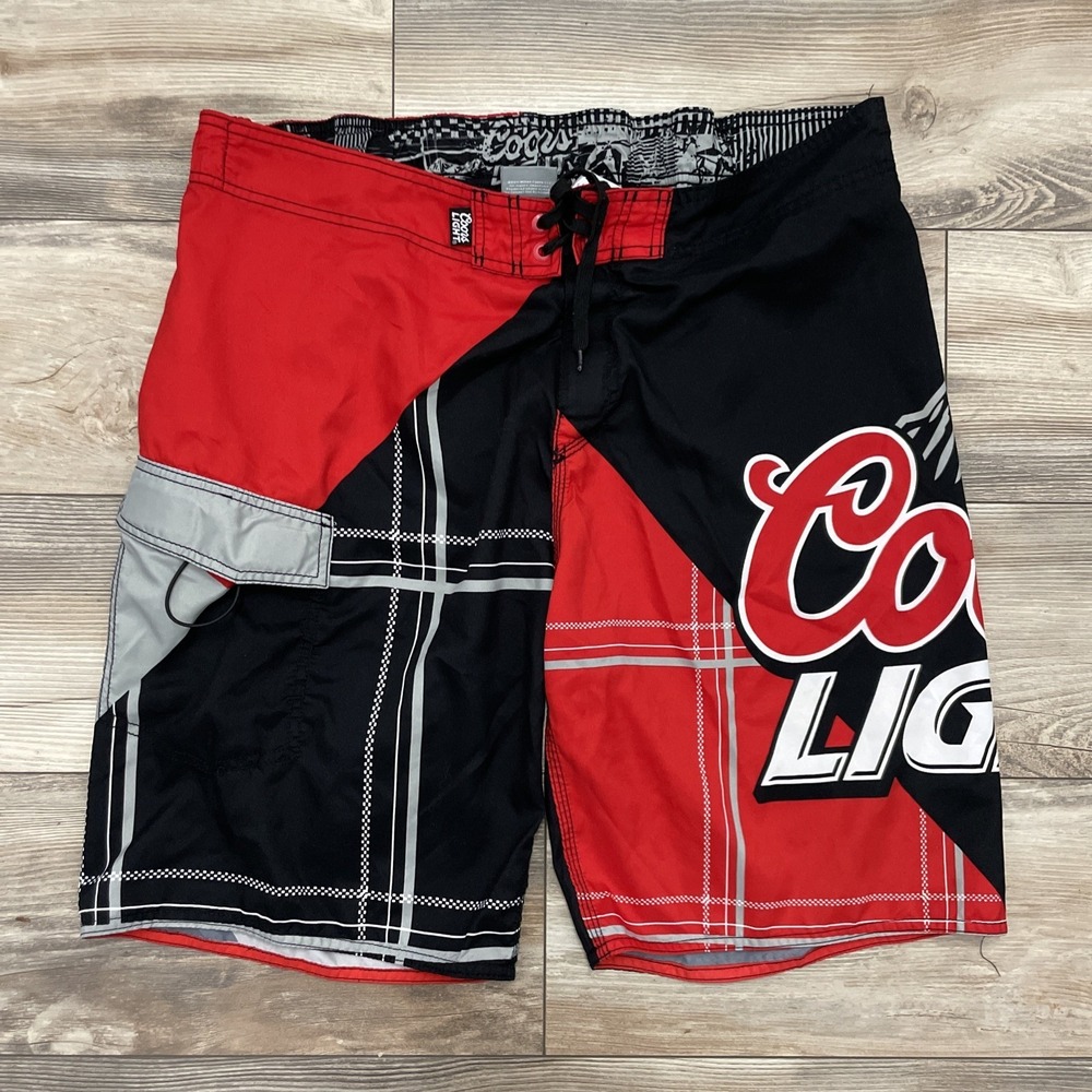 Coors Light Beer Board Shorts Mens 38 Black Red Logo Pockets Swim Trunks Unlined